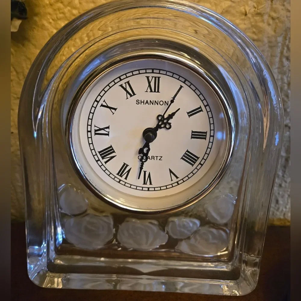Clear Glass Mantel Clock with Roses